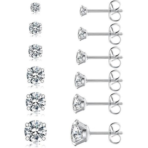 Steel Colored 6 Pairs Stud Earrings Set, Hypoallergenic Cubic Zirconia Earrings - Picture 7 of 7